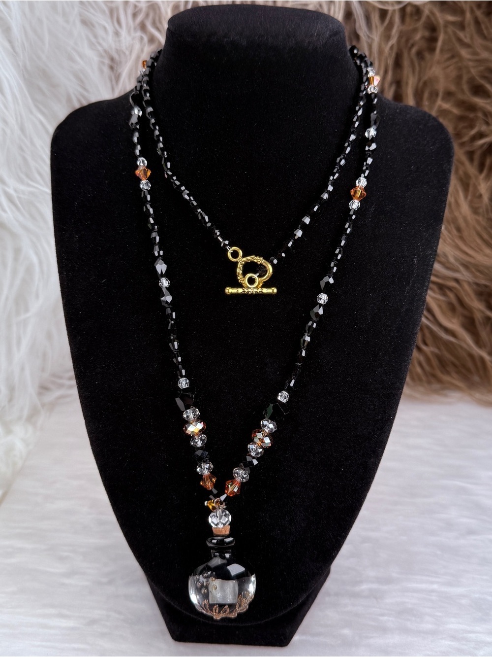 Vintage Art Glass Keepsake Bottle Pendant Long Beaded Statement Necklace